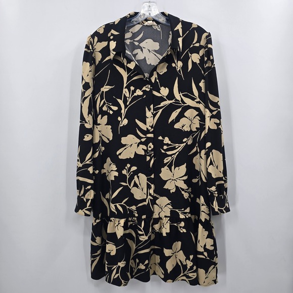 52Seven Dresses & Skirts - 52seven Dress Womens Large Black Tan Floral Button Down Ruffle Drop Waist